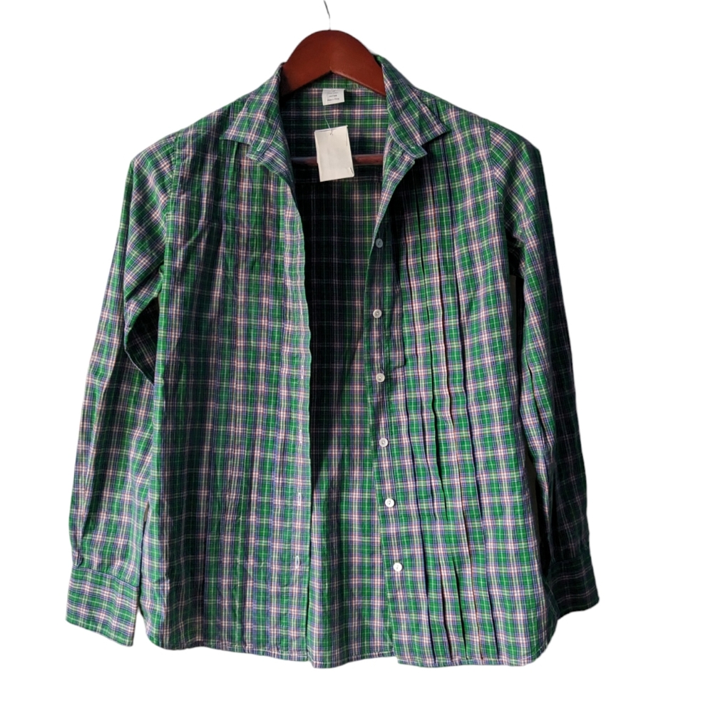 NWT J. Crew green blue brown white plaid tuxedo shirt size XS cotton Y2K